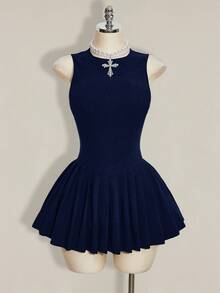SHEIN ICON 女士休闲纯色无袖褶裥下摆迷你连衣裙，夏季 - 藏蓝色 - 查看 5