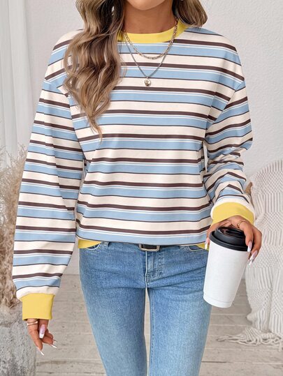 SHEIN LUNE Sudadera de mujer de manga larga, cuello redondo, corte holgado, estilo casual minimalista retro elegante, versátil para ir al trabajo, con estampado de rayas amarillas y azules cálidas, ideal para playa, vacaciones y verano