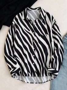 SHEIN Franclia 女款寬鬆經典翻領落肩長袖鈕扣袖口現代黑白斑馬紋秋季上衣，適合萬聖節穿搭 - 黑與白 - 查看 5
