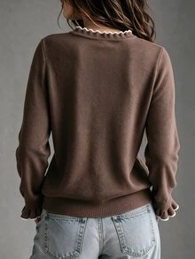 SHEIN 新款米白色V領針織上衣，對比黑色波浪荷葉邊飾邊，喇叭荷葉袖口 - 咖啡棕 - 查看 2