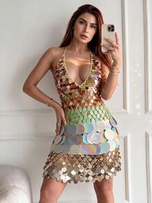 Anewsta Gradient Sequin Halter Deep V Neck Dress, Sexy Backless Bodycon Mini Skirt For Beach Night Vacation Golden Summer - Multicolor - View 6