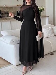 Modelyn 撞色网纱褶皱长袖连衣裙 长款晚礼服 - 黑色 - 查看 5
