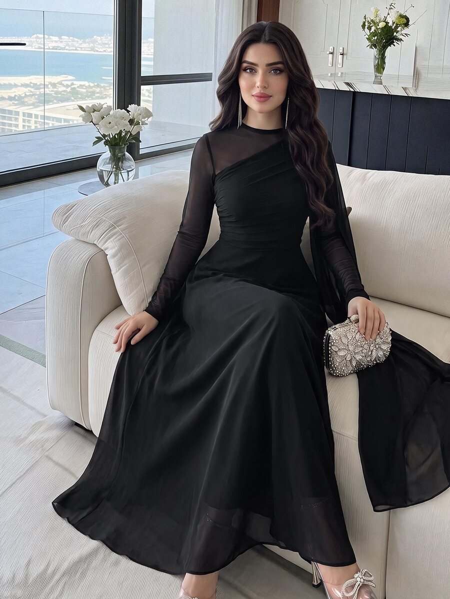 Modelyn 撞色网纱褶皱长袖连衣裙 长款晚礼服