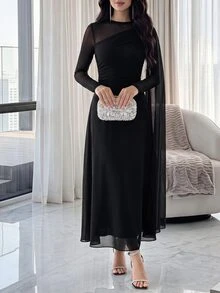 Modelyn 撞色网纱褶皱长袖连衣裙 长款晚礼服 - 黑色 - 查看 4