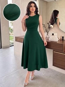 Modelyn Women's Solid Color Round Neck Pleated Design Sleeveless Elegant Dress - Dark Green - View 2