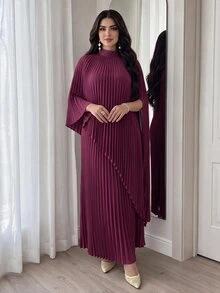 Modelyn 女士纯色立领蝙蝠袖褶皱宽松优雅长裙 - 紫色 - 查看 2