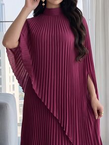 Modelyn 女士纯色立领蝙蝠袖褶皱宽松优雅长裙 - 紫色 - 查看 4