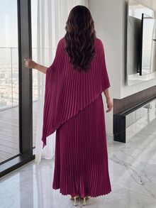 Modelyn 女士纯色立领蝙蝠袖褶皱宽松优雅长裙 - 紫色 - 查看 3