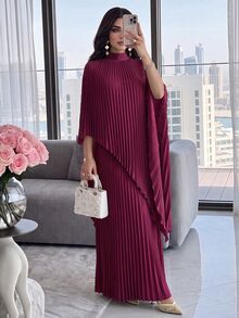 Modelyn 女士纯色立领蝙蝠袖褶皱宽松优雅长裙 - 紫色 - 查看 6