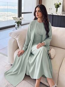 Veilorie Women's Simple Solid Color Dress And Jacket Set 2 Pieces Set - Mint Green - View 6