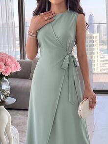 Veilorie Women's Simple Solid Color Dress And Jacket Set 2 Pieces Set - Mint Green - View 5