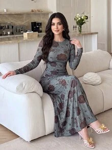 Modelyn Women's Floral Print Long Sleeve Asymmetrical Hem Top & Skirt Elegant Two Pieces Set - Multicolor - View 5