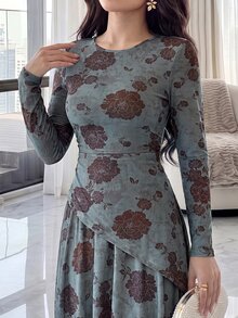 Modelyn Women's Floral Print Long Sleeve Asymmetrical Hem Top & Skirt Elegant Two Pieces Set - Multicolor - View 4