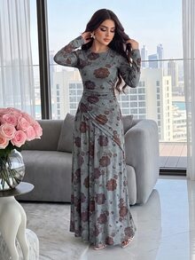 Modelyn Women's Floral Print Long Sleeve Asymmetrical Hem Top & Skirt Elegant Two Pieces Set - Multicolor - View 3