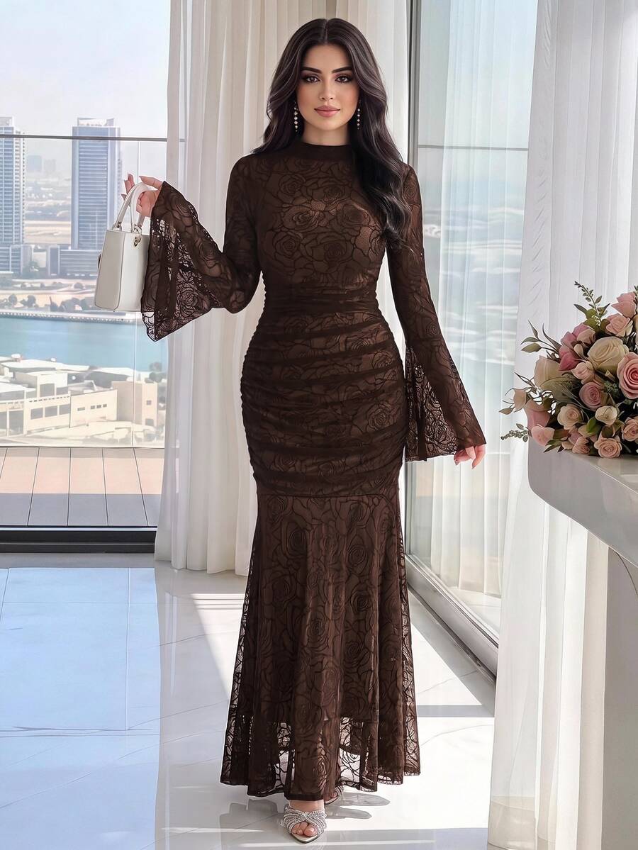Modelyn 女款優雅浪漫花卉植絨網紗喇叭袖洋裝,棕色花卉秋季晚宴雞尾酒會禮服 - 咖啡棕 - 查看 1