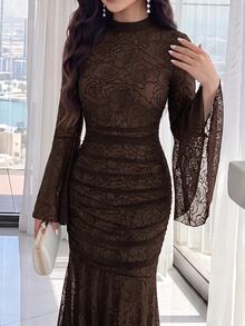 Modelyn 女款優雅浪漫花卉植絨網紗喇叭袖洋裝，棕色花卉秋季晚宴雞尾酒會禮服 - 咖啡棕 - 查看 2