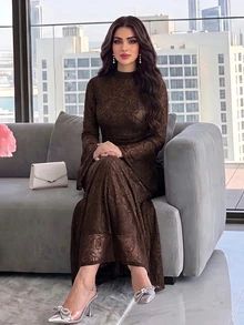 Modelyn 女款優雅浪漫花卉植絨網紗喇叭袖洋裝，棕色花卉秋季晚宴雞尾酒會禮服 - 咖啡棕 - 查看 4