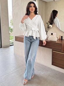 Modelyn Balloon Sleeve Wrap Peplum Blouse - White - View 3