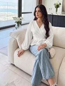 Modelyn Balloon Sleeve Wrap Peplum Blouse - White - View 5