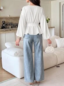 Modelyn Balloon Sleeve Wrap Peplum Blouse - White - View 2