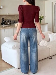Modelyn 女士方领泡泡袖勃艮第红 T 恤 - 酒紅色 - 查看 6