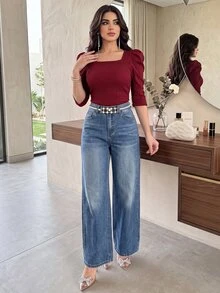 Modelyn 女士方领泡泡袖勃艮第红 T 恤 - 酒紅色 - 查看 5