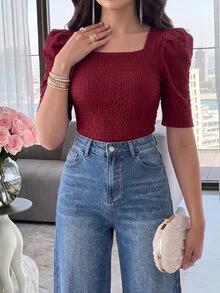 Modelyn 女士方领泡泡袖勃艮第红 T 恤 - 酒紅色 - 查看 3