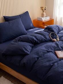 2/3pcs Ultra Soft Solid Navy Blue Bedding Set, Soft Breathable Wrinkle-Resistant, Improve Sleep Quality, Luxury Hotel Style, Gift For Parents And Friends, Reversible Dual-Color Duvet Cover*1 Pillowcase*1/2, Extra Large/Large/Full/Twin - Navy Blue - View 8