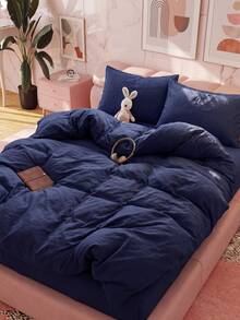 2/3pcs Ultra Soft Solid Navy Blue Bedding Set, Soft Breathable Wrinkle-Resistant, Improve Sleep Quality, Luxury Hotel Style, Gift For Parents And Friends, Reversible Dual-Color Duvet Cover*1 Pillowcase*1/2, Extra Large/Large/Full/Twin - Navy Blue - View 5