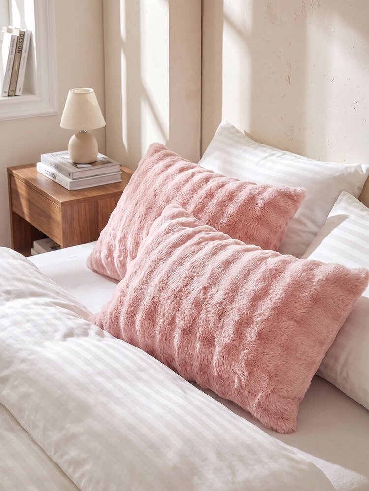 2pcs Pink Plush Flannel Pillowcases, Modern Decorative Long Pillow Covers, Suitable For Winter, Soft And Warm, Machine Washable, Pillow Insert Not Included - Pink - View 5