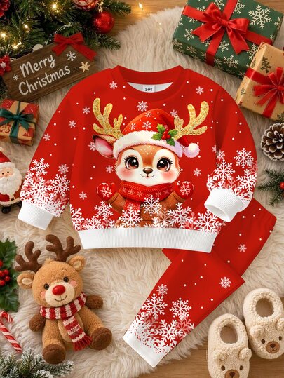 Merry Christmas, Baby Girl Casual Cute Adorable Cartoon Christmas Reindeer Pattern, Polka Dot Snowflake, Christmas Red Festive Fleece Lined Thickened Crew Neck Long Sleeve Sweatshirt And Leggings, Suitable For Autumn/Winter, Fall Style, Fall Outfits, Cozy