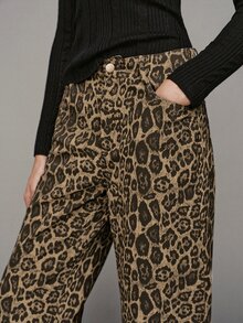MOTF PREMIUM Urban Modern Denim Effect Leopard Print Matte PU Long Pants Autumn/Winter - Khaki - View 6