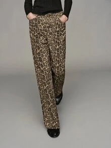 MOTF PREMIUM Urban Modern Denim Effect Leopard Print Matte PU Long Pants Autumn/Winter - Khaki - View 5