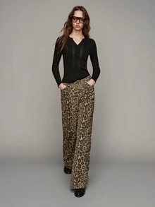 MOTF PREMIUM Urban Modern Denim Effect Leopard Print Matte PU Long Pants Autumn/Winter - Khaki - View 1