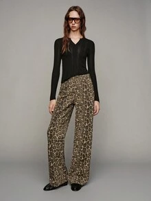 MOTF PREMIUM Urban Modern Denim Effect Leopard Print Matte PU Long Pants Autumn/Winter - Khaki - View 3