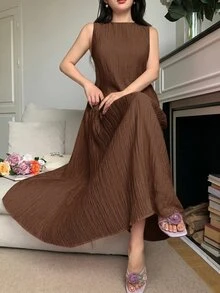 Feyla Women's Solid Color Round Neck Pleated Casual Party Brunch Vacation Dress Coffee Brown Summer - Coffee Brown - View 3