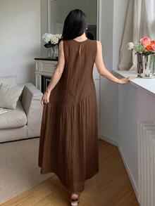 Feyla Women's Solid Color Round Neck Pleated Casual Party Brunch Vacation Dress Coffee Brown Summer - Coffee Brown - View 7