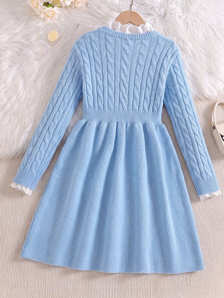 SHEIN Kids Tween Girl Autumn/Winter Casual Elegant Patchwork Embroidered Lace Trim Long Sleeve Cable Knit Ruffle Hem Flare Dress Knit Dress Pink Blue - Baby Blue - View 3