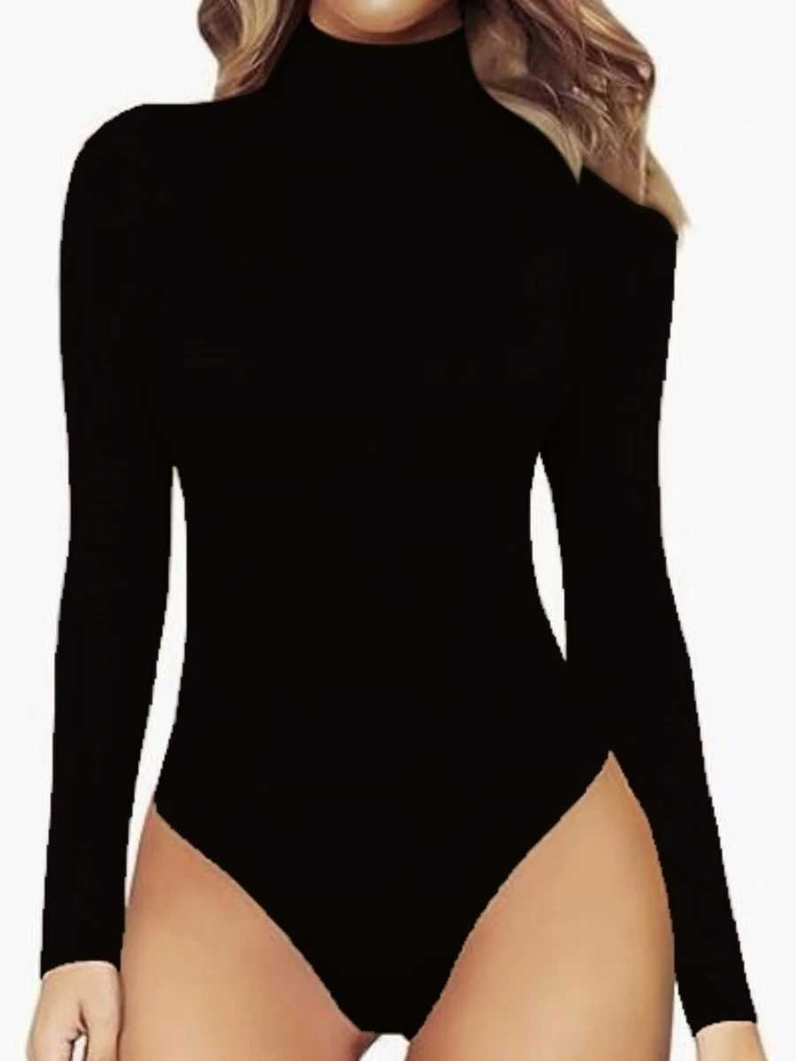 INAWLY Solid Turtleneck Long Sleeve Bodysuit Fall Cloth For Women - Black - View 1