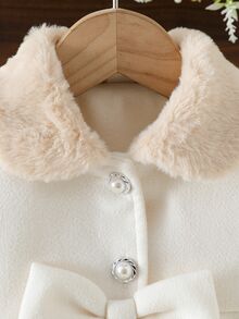 SHEIN Baby Girl Elegant Furry Cuff & Collar Woolen Coat, Big Bow Buttoned A-Line Dressy Winter Jacket - Beige - View 4