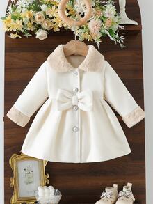 SHEIN Baby Girl Elegant Furry Cuff & Collar Woolen Coat, Big Bow Buttoned A-Line Dressy Winter Jacket - Beige - View 2
