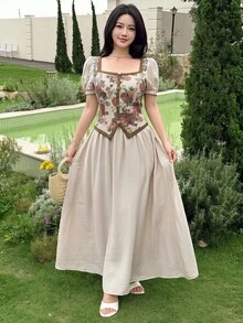 Feyla New Retro Contrast Color Patchwork Retro Print Cinched Waist Casual Party Holiday Dress - Multicolor - View 2