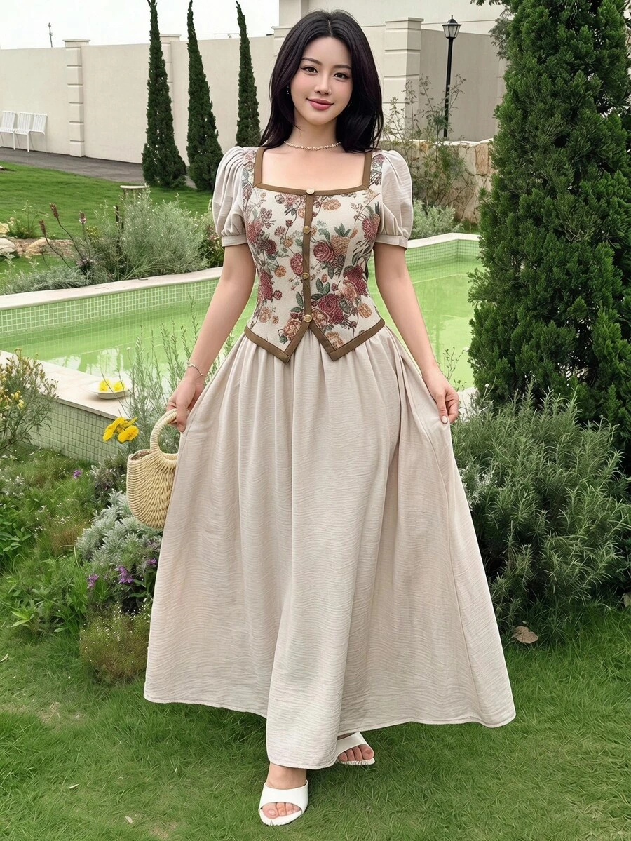 Feyla New Retro Contrast Color Patchwork Retro Print Cinched Waist Casual Party Holiday Dress