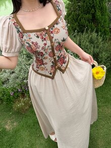 Feyla New Retro Contrast Color Patchwork Retro Print Cinched Waist Casual Party Holiday Dress - Multicolor - View 6