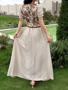 Feyla New Retro Contrast Color Patchwork Retro Print Cinched Waist Casual Party Holiday Dress - Multicolor - View 4