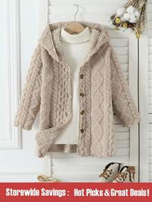 Young Girl' Back-To-School Casual Comfortable Jacquard Diamond Pattern Long Sleeve Hooded Cardigan, Suitable For Outdoor Wear Autumn - Camel - View 1