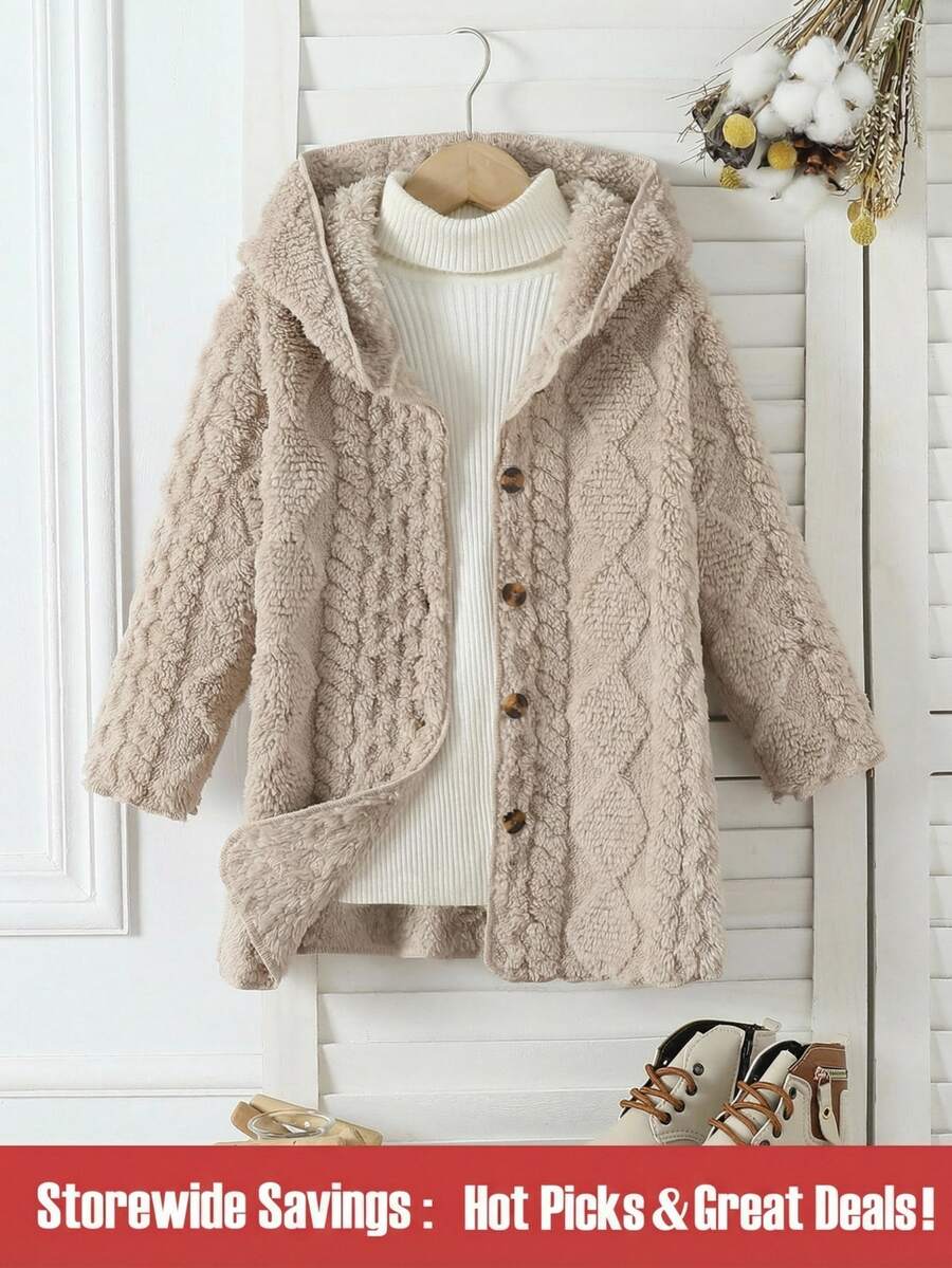 Young Girl' Back-To-School Casual Comfortable Jacquard Diamond Pattern Long Sleeve Hooded Cardigan, Suitable For Outdoor Wear Autumn - Camel - View 1