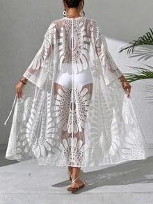 SHEIN Swim Women's Resort Floral Printed Sheer Kimono Cover Up With Drop Shoulder For Summer Beach Vacation - White - View 1