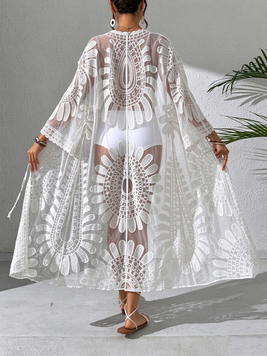 SHEIN Swim Women's Resort Floral Printed Sheer Kimono Cover Up With Drop Shoulder For Summer Beach Vacation - White - View 1