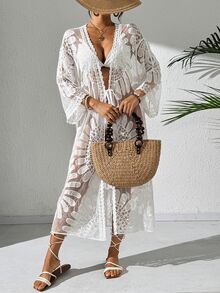 SHEIN Swim Women's Resort Floral Printed Sheer Kimono Cover Up With Drop Shoulder For Summer Beach Vacation - White - View 5